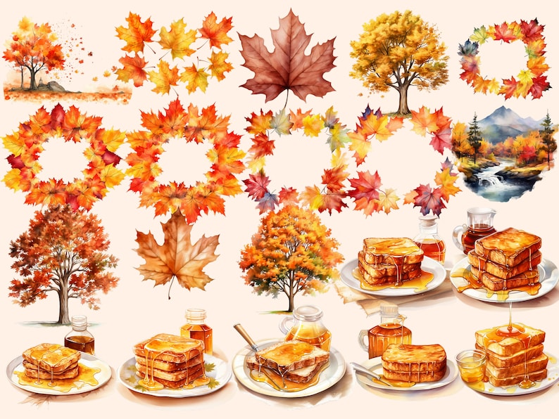 May include: Watercolour illustration of autumn leaves, trees, and maple syrup. The illustration includes a variety of autumn foliage, including red, orange, and yellow leaves. There are also images of maple syrup bottles and stacks of French toast drizzled with syrup.