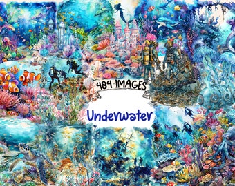 May include: A watercolor painting of an underwater scene with a variety of sea life, including fish, coral, jellyfish, and a sunken ship. The painting is titled "484-IMAGES Underwater".