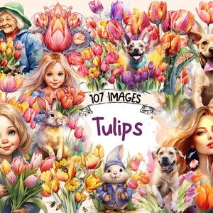 Tulips Watercolor Clipart Bundle - 107 PNG Tulip Flower Images, Beautiful Floral Graphics, PNG, Instant Digital Download, Commercial Use