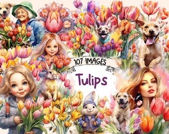Watercolor Tulip Clipart Bundle: 107 Floral PNG Images (Digital Download)