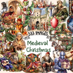 Medieval Christmas Watercolor Clipart Bundle - 533 PNG Vintage Holiday Images, Antique Graphics, Instant Digital Download, Commercial Use