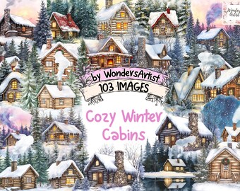 Watercolor Winter Cabins Clipart: 103 Snowy Cabin Images (Commercial Use) (Instant Download)