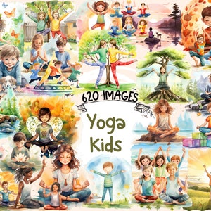 Yoga Kids Watercolor Clipart Bundle - 620 PNG Yoga Images for Children, Playful Exercise Graphics,  Instant Digital Download, Commercial Use