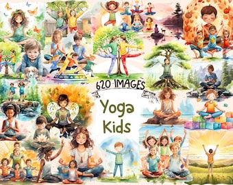 Yoga Kids Watercolor Clipart Bundle: 620 PNG Images (Commercial Use) (Digital Download)