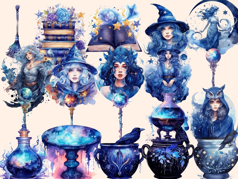 Celestial Witches Watercolor Clipart Bundle: 145 Fantasy PNG Images ...