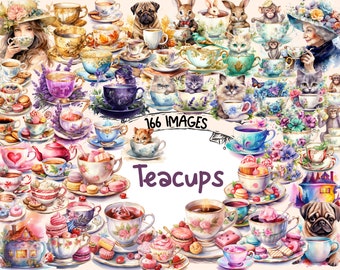 Watercolor Teacup Clipart Bundle: 166 Fantasy Tea Party PNG Images (Digital Download)