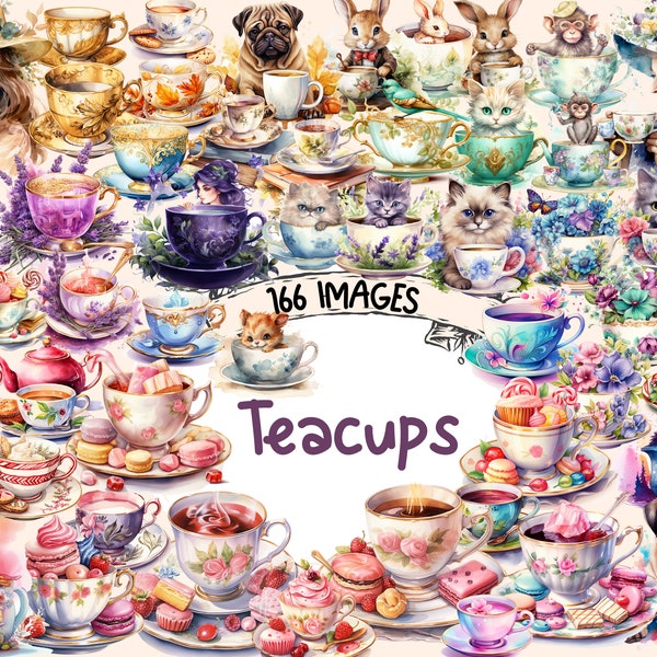 Teacups Watercolor Clipart Bundle - 166 PNG Fantasy Cute Teacup Images, Vintage Tea Party Graphics, Instant Digital Download, Commercial Use