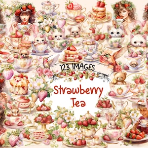 Strawberry Tea Watercolor Clipart Bundle - 123 PNG Cute Teacup Images, Fruity Tea Party Graphics, Instant Digital Download, Commercial Us