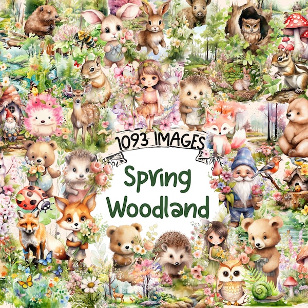 Spring Woodland Aquarelle Clipart Bundle - 1093 PNG Springtime Forest Images, Cozy Nature Graphics, Téléchargement numérique instantané, Utilisation commerciale