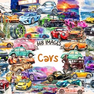 Cars Watercolor Clipart Bundle - 668 PNG Beautiful Automobile Images, Colorful Vehicle Graphics, Instant Digital Download, Commercial Use