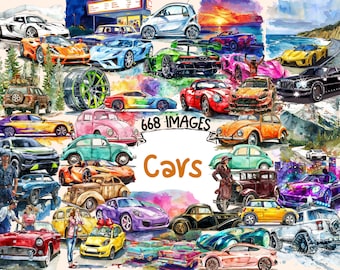 Cars Watercolor Clipart Bundle - 668 PNG Beautiful Automobile Images, Colorful Vehicle Graphics, Instant Digital Download, Commercial Use
