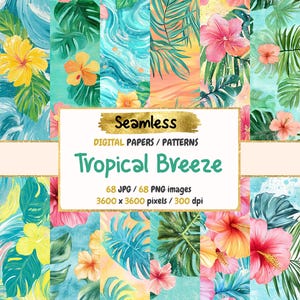 Papiers numériques motif brise tropicale sans couture - textures de l'île luxuriante, arrière-plans de papier imprimable exotiques, téléchargement immédiat, usage commercial