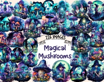 Magical Mushrooms Watercolor Clipart Bundle: 226 PNG Fantasy Fungi (Digital Download)