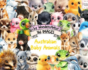 May include: A digital collage of 166 watercolor illustrations of Australian baby animals. The animals include a koala, echidna, kookaburra, wombat, quokka, dingo, and more. The collage is titled "Australian Baby Animals" and is by WondersArtist.