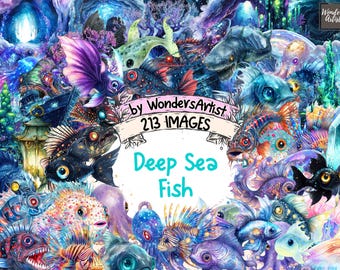 Deep Sea Fish Watercolor Clipart: 213 Marine PNG Graphics (Digital Download)