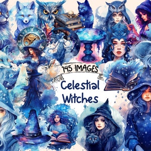 Celestial Witches Watercolor Clipart Bundle: 145 Fantasy PNG Images (Digital Download)