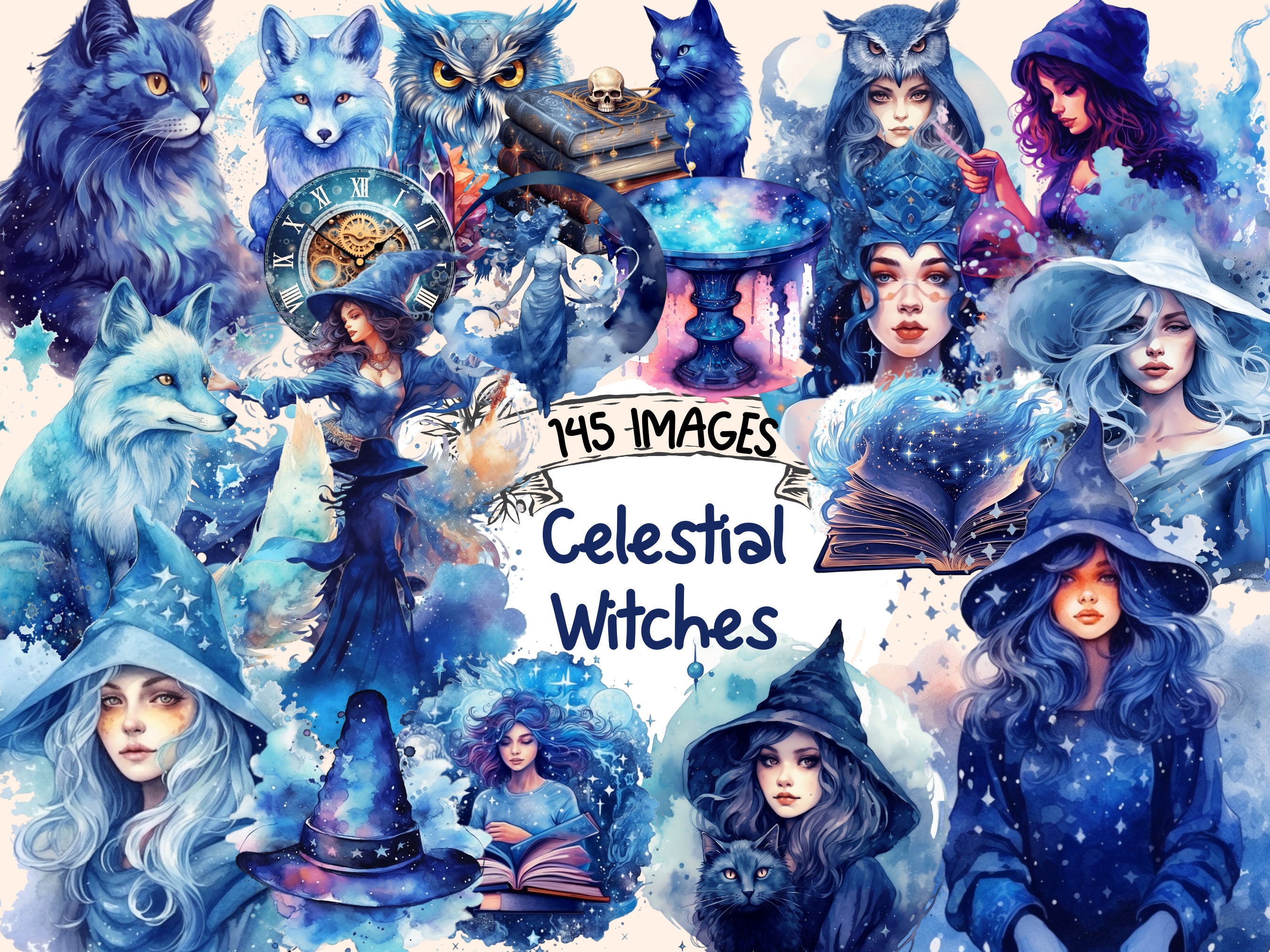 Celestial Witches Watercolor Clipart Bundle: 145 Fantasy PNG Images ...