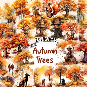 Autumn Trees Watercolor Clipart Bundle - 264 PNG Fall Tree Images, Seasonal Brown Foliage Graphics, Instant Digital Download, Commercial Use
