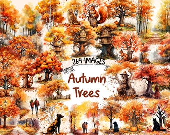 Autumn Trees Watercolor Clipart: Fall Foliage PNG Bundle (Digital Download)