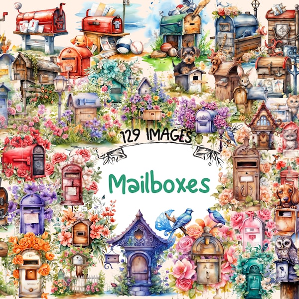 Mailboxes Watercolor Clipart Bundle - 129 PNG Mailbox Images, Charming Postage Mail Floral Graphics,Instant Digital Download,Commercial Use