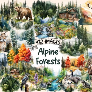 Alpine Forests Watercolor Clipart Bundle - 432 PNG Alpine Mountains Images, Nature Scenic Graphics, Instant Digital Download, Commercial Use