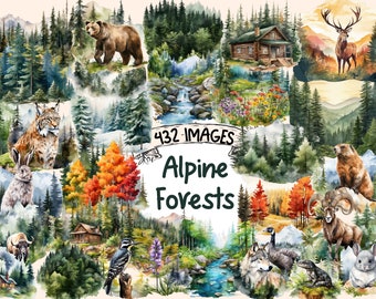 Alpine Forests Watercolor Clipart Bundle: 432 PNG Images (Digital Download)