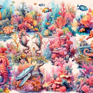 以下が含まれることがあります： 鮮やかなサンゴ礁の水彩画。そこにいるのは、タツノオトシゴ、ウミガメ、カラフルな魚たち。サンゴ礁はピンク、オレンジ、ブルーのサンゴでいっぱい。水は透き通ったターコイズブルーです。