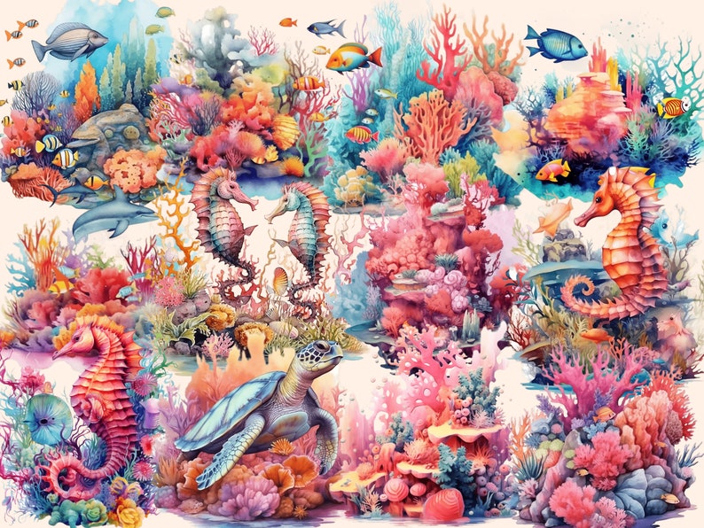 以下が含まれることがあります： 鮮やかなサンゴ礁の水彩画。そこにいるのは、タツノオトシゴ、ウミガメ、カラフルな魚たち。サンゴ礁はピンク、オレンジ、ブルーのサンゴでいっぱい。水は透き通ったターコイズブルーです。