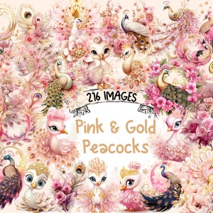 Pink & Gold Peacocks Watercolor Clipart Bundle - 216 PNG Elegant Bird Images, Soft Peacock Graphics, Instant Digital Download,Commercial Use