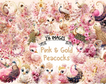 Pink & Gold Peacocks Watercolor Clipart Bundle - 216 PNG Elegant Bird Images, Soft Peacock Graphics, Instant Digital Download,Commercial Use