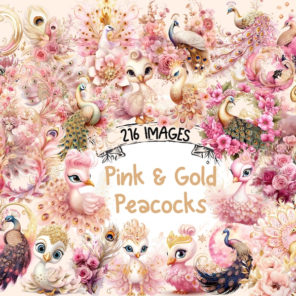 Pink & Gold Pfauen Aquarell Clipart Bundle - 216 PNG elegante Vogelbilder, weiche Pfauengrafiken, sofortiger digitaler Download, kommerzielle Nutzung