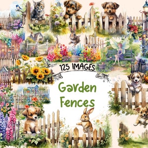 Może przedstawiać: Kolekcja 125 obrazów cyfrowych z akwarelowymi ilustracjami różnych ogrodzeń, kwiatów, zwierząt i innych elementów ogrodowych. Obrazy idealnie nadają się do rękodzieła, scrapbookingu i innych projektów kreatywnych.