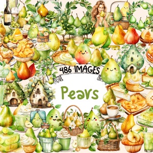 Pears Watercolor Clipart Bundle - 486 PNG Delicious Pear Images, Green Tasty Sweet Fruit Graphics, Instant Digital Download, Commercial Use
