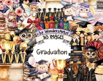 Watercolor Graduation Clipart: Academic Celebration Graphics (165 PNG) (Digital Download)