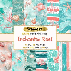 Pode incluir: Um conjunto de 68 padrões digitais sem costura com um tema de recife subaquático. Os padrões incluem coral, conchas, estrelas do mar e peixes em tons de azul, verde, rosa e branco. Os padrões são de 3600 x 3600 pixels e 300 dpi.