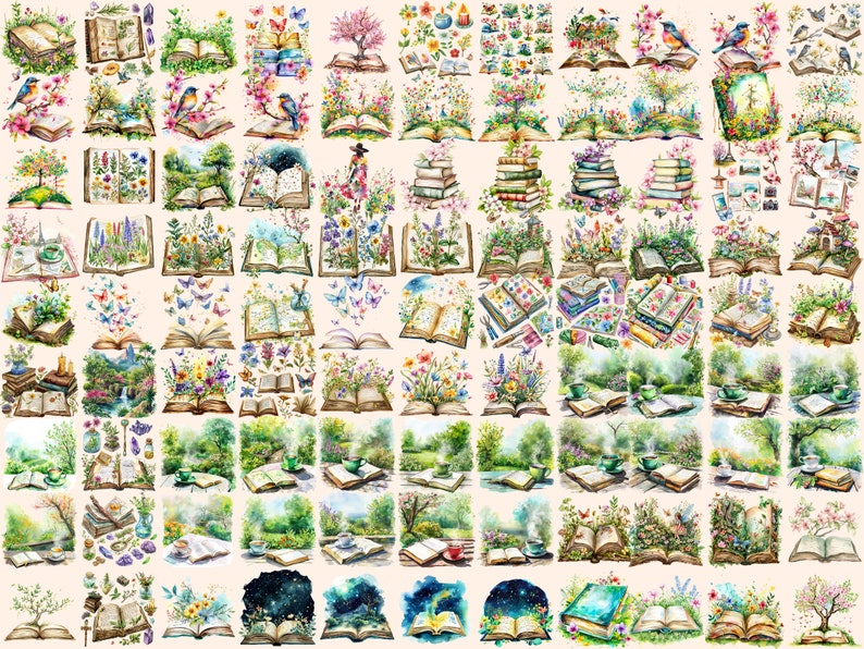 Spring Book Vector Spring Books Watercolor Clipart Bundle: 320 PNG Images (digital ...