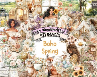 Può includere: Un collage digitale con una varietà di elementi a tema primaverile, tra cui una volpe, un coniglio, una ragazza con lunghi capelli castani, un carro, una tenda e fiori. Il testo "Boho Spring" è visualizzato al centro dell'immagine.
