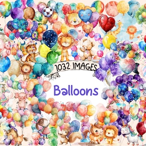 Balloons Watercolor Clipart Bundle - 1032 PNG Colorful Balloon Images, Festive Air Balloon Graphics, Instant Digital Download,Commercial Use