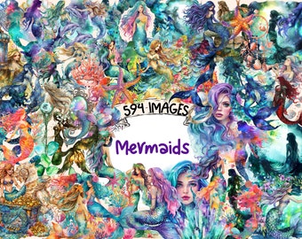 Watercolor Mermaids Clipart Bundle: 594 Mystical Siren Graphics (Digital Download)