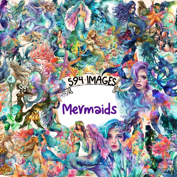Mermaids Watercolor Clipart Bundle - 594 Mystical Mermaid Images, Magical Oceanic Siren Graphics, Instant Digital Download, Commercial Use