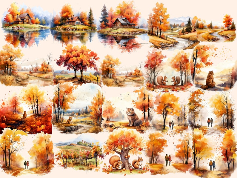 Autumn landscape with golden-hued trees and serene lake clipart.
Country road surrounded by colorful fall foliage.
Vibrant autumn leaves against a clear blue sky.
Cozy cabin nestled in an autumn forest.
Rustic wooden bridge over a tranquil stream.