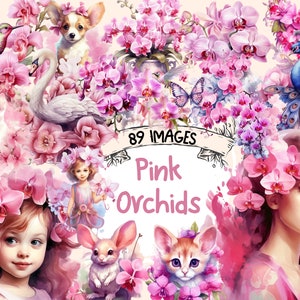 Pink Orchids Watercolor Clipart Bundle - 89 PNG Flower Images, Beautiful Floral Graphics, PNG, Instant Digital Download, Commercial Use