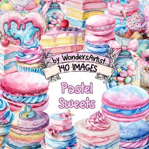 Pastel Sweets Watercolor Clipart Bundle - 140 PNG Soft Dessert Images, Candy and Treat Graphics, Instant Digital Download, Commercial Use