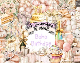 Boho Birthday Watercolor Clipart Bundle: 157 Party PNG Images (Commercial Use)