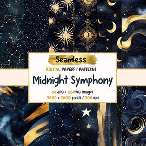 Midnight Symphony Seamless Digital Paper - Celestial Night Textures, Starry Moonlit Printable Backgrounds, Instant Download, Commercial Use