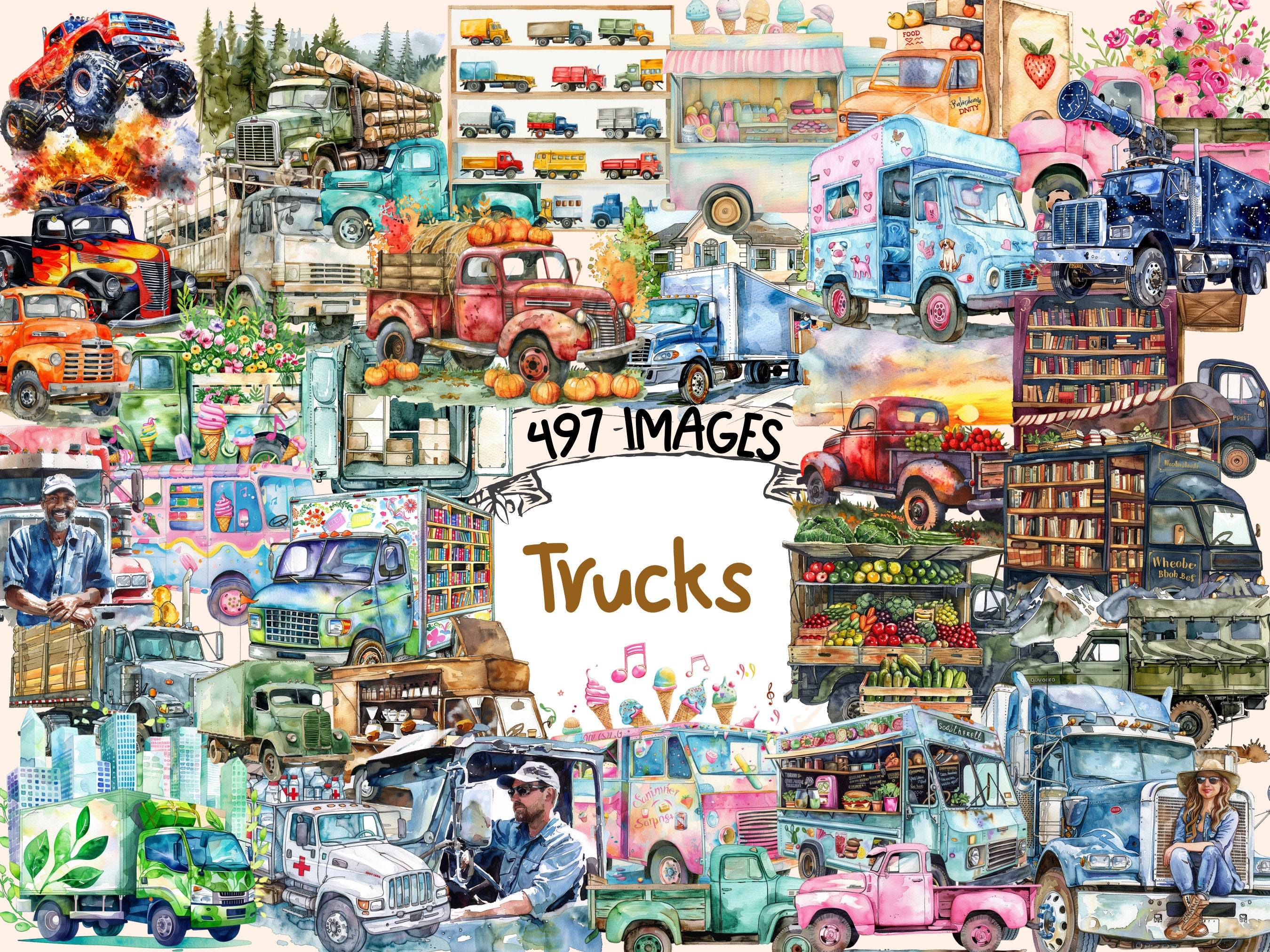 Trucks Watercolor Clipart Bundle - 497 PNG Various Truck Images, Transportation Vehicle Graphics, Instant Digital Download, Commercial Use