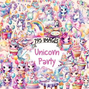 Unicorn Party Watercolor Clipart Bundle - 795 PNG Unicorns Birthday Decor Images, Whimsical Graphics,Instant Digital Download,Commercial Use