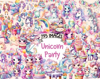 Unicorn Party Watercolor Clipart Bundle: 795 PNG Images (Digital Download)