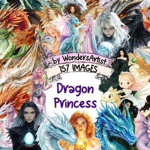 Dragon Princess Clipart Watercolor Bundle - 157 PNG Royal Images, Fantasy Illustrations, Enchanting Decor, Instant Download, Commercial Use