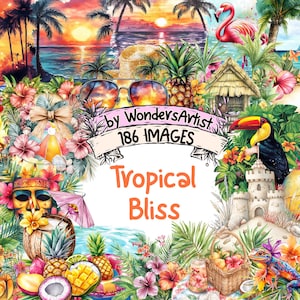 Tropical Bliss Watercolor Clipart Bundle - 186 PNG Vibrant Images, Exotic Paradise Illustrations, Island Art,Instant Download,Commercial Use